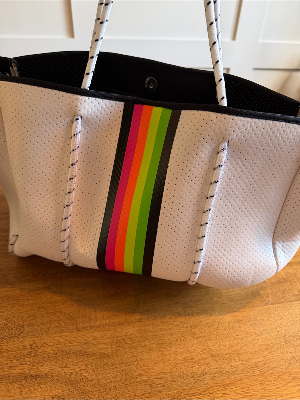 Haute shore White Neoprene Tote with Multicolor Stripe